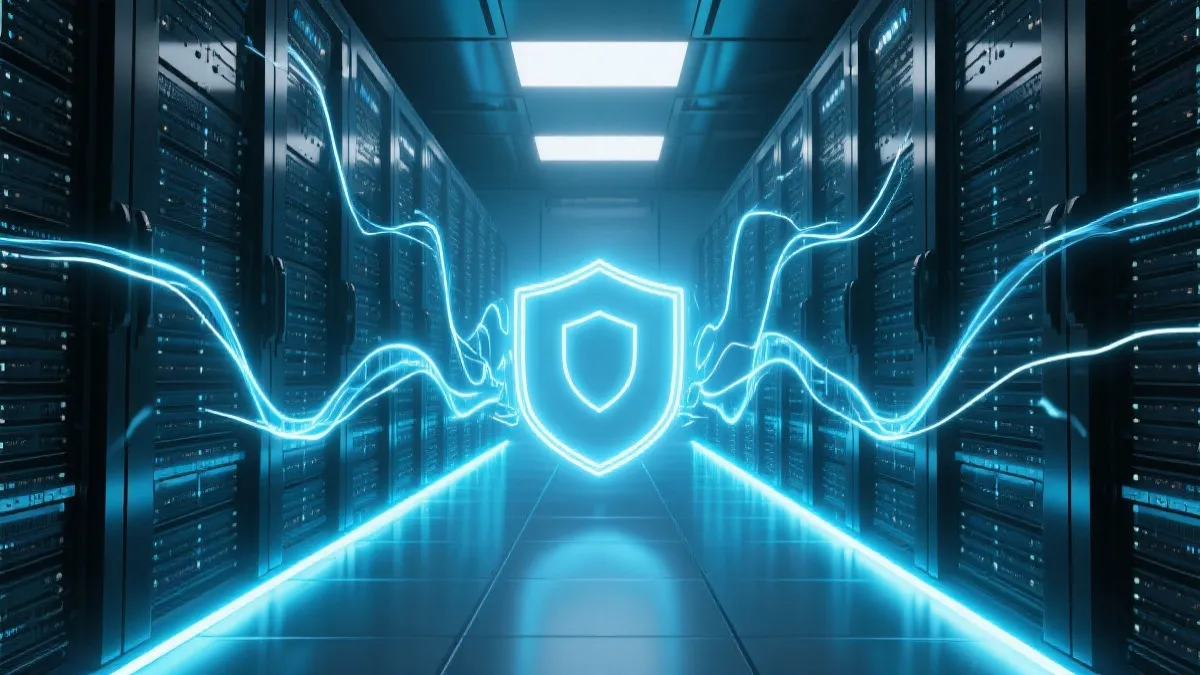 象征数据安全与存储的服务器机房抽象示意图，光线在服务器间流动